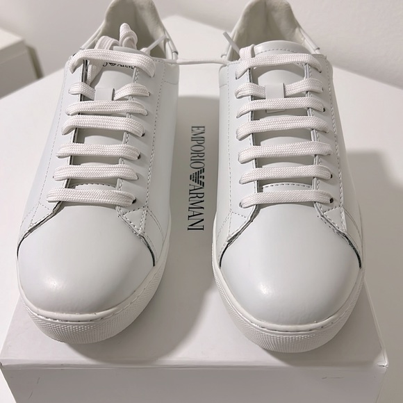NWT NIB new Emporio Armani Supple leather white sneakers w/ signature EU 39 US 9 - Picture 4 of 14